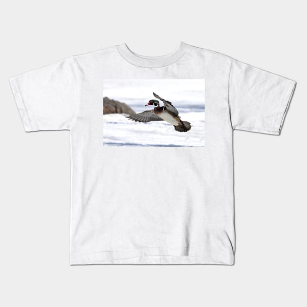 By the frozen shoreline - Wood Duck Kids T-Shirt by Jim Cumming